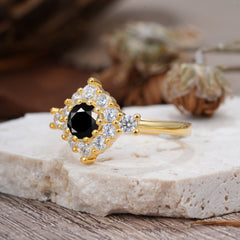 Round Cut  Black Onyx Engagement Ring Cluster 6-Prong Setting