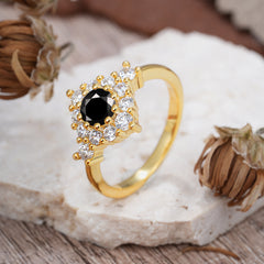 Round Cut  Black Onyx Engagement Ring Cluster 6-Prong Setting