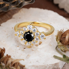 Round Cut  Black Onyx Engagement Ring Cluster 6-Prong Setting