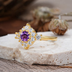 Round Cut Amethyst Engagement Ring Cluster 6-Prong Setting