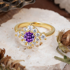 Round Cut Amethyst Engagement Ring Cluster 6-Prong Setting