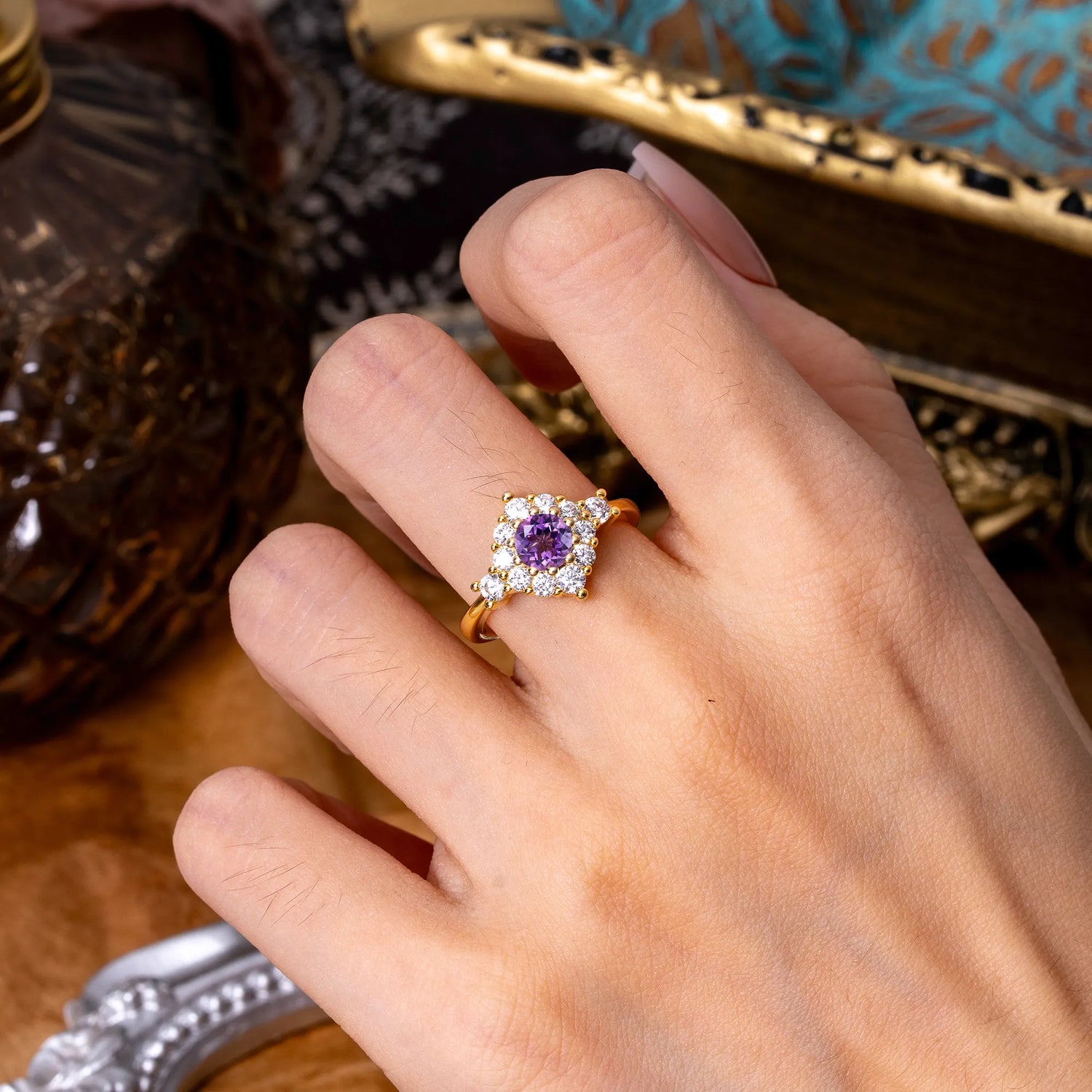 Round Cut Amethyst Engagement Ring Cluster 6-Prong Setting