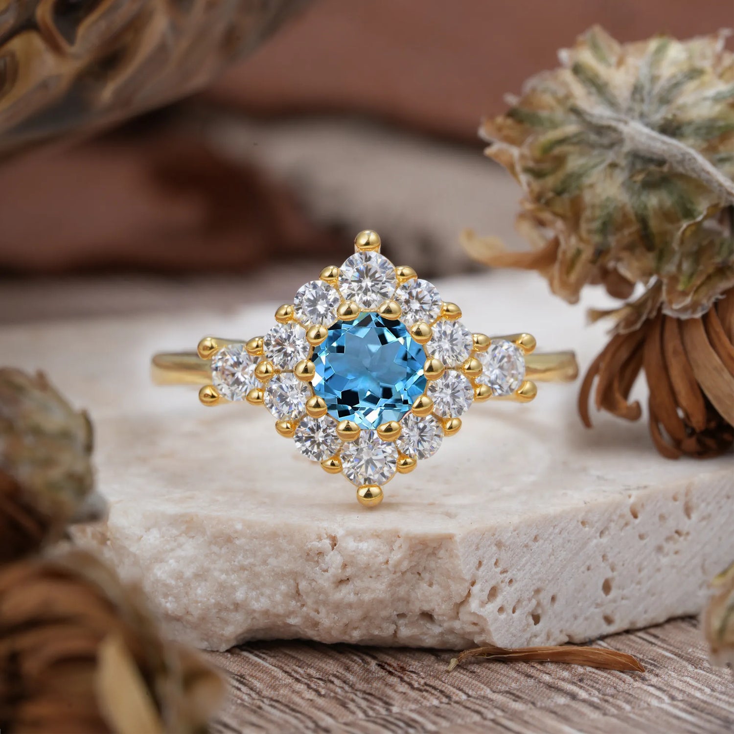 Round Cut Aquamarine Engagement Ring Cluster 6-Prong Setting
