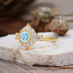 Round Cut Aquamarine Engagement Ring Cluster 6-Prong Setting