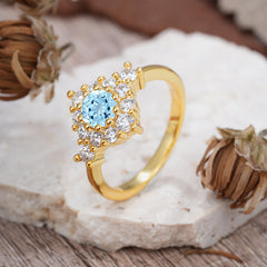 Round Cut Aquamarine Engagement Ring Cluster 6-Prong Setting