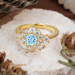 Round Cut Aquamarine Engagement Ring Cluster 6-Prong Setting