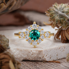 Round Cut Emerald Engagement Ring Cluster 6-Prong Setting