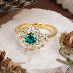 Round Cut Emerald Engagement Ring Cluster 6-Prong Setting
