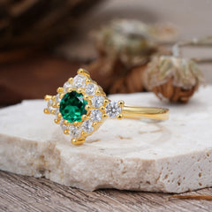 Round Cut Emerald Engagement Ring Cluster 6-Prong Setting