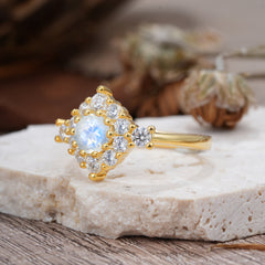 Round Cut Moonstone Engagement Ring Cluster 6-Prong Setting