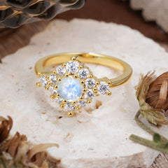 Round Cut Moonstone Engagement Ring Cluster 6-Prong Setting