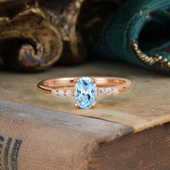 1 Carat Oval Cut 4-Prong Aquamarine Dainty Engagement Ring