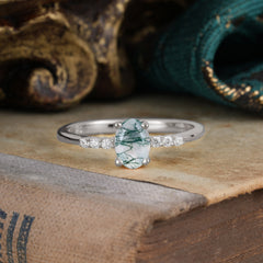 1 Carat Oval Cut Moss Agate Dainty Engagement Ring