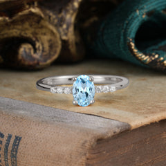 1 Carat Oval Cut 4-Prong Aquamarine Dainty Engagement Ring