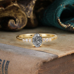 1 Carat Oval Cut 4-Prong Black Rutilated Quartz Dainty Engagement Ring