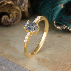 1 Carat Oval Cut 4-Prong Black Rutilated Quartz Dainty Engagement Ring