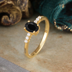 1 Carat Oval Cut 4-Prong Black Onyx Dainty Engagement Ring