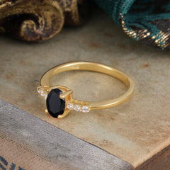 1 Carat Oval Cut 4-Prong Black Onyx Dainty Engagement Ring