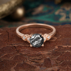 4 Prong Classic Round Black Rutilated Quartz Engagement Ring for Women