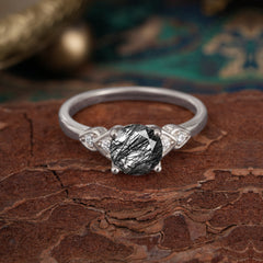 4 Prong Classic Round Black Rutilated Quartz Engagement Ring for Women