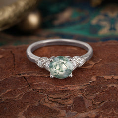 Classic Round Moss Agate Engagement Ring for Women