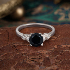 4 Prong Classic Round Black Onyx Engagement Ring for Women