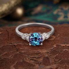 4 Prong Classic Round Alexandrite Engagement Ring for Women