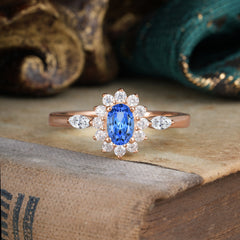 4 Prong Vintage Halo Cluster Oval Cut Sapphire Engagement Ring