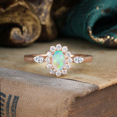 4 Prong Vintage Halo Cluster Oval Cut Opal Engagement Ring