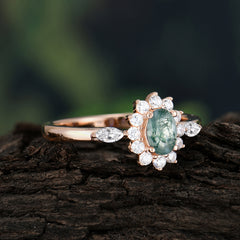 Vintage Halo Cluster Oval Cut Moss Agate Engagement Ring