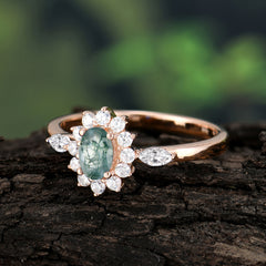Vintage Halo Cluster Oval Cut Moss Agate Engagement Ring