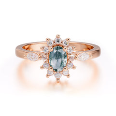 Vintage Halo Cluster Oval Cut Moss Agate Engagement Ring