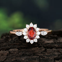 Vintage Halo Cluster Oval Cut Garnet Engagement Ring