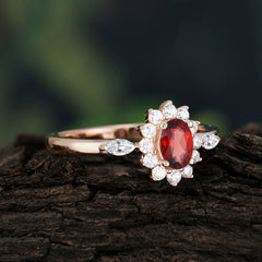 Vintage Halo Cluster Oval Cut Garnet Engagement Ring