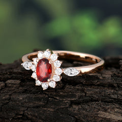 Vintage Halo Cluster Oval Cut Garnet Engagement Ring