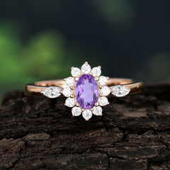 Vintage Halo Cluster Oval Cut Amethyst Engagement Ring