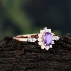 Vintage Halo Cluster Oval Cut Amethyst Engagement Ring