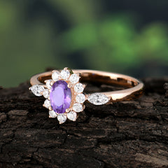 Vintage Halo Cluster Oval Cut Amethyst Engagement Ring