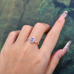 Vintage Halo Cluster Oval Cut Amethyst Engagement Ring