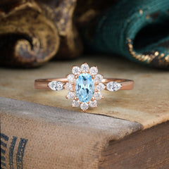 Vintage Halo Cluster Oval Cut Aquamarine Engagement Ring