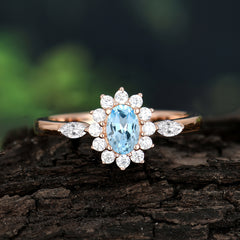 Vintage Halo Cluster Oval Cut Aquamarine Engagement Ring