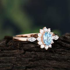 Vintage Halo Cluster Oval Cut Aquamarine Engagement Ring