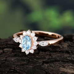 Vintage Halo Cluster Oval Cut Aquamarine Engagement Ring