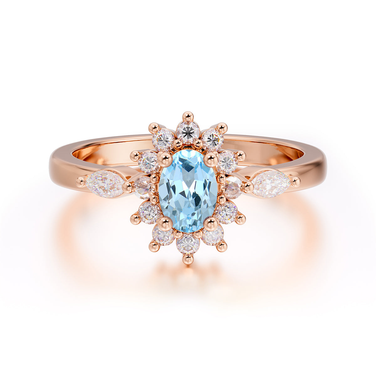 Vintage Halo Cluster Oval Cut Aquamarine Engagement Ring