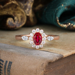 4 Prong Vintage Halo Cluster Oval Cut Ruby Engagement Ring