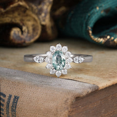 Vintage Halo Cluster Oval Cut Moss Agate Engagement Ring