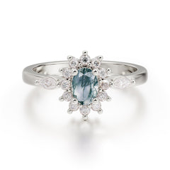 Vintage Halo Cluster Oval Cut Moss Agate Engagement Ring