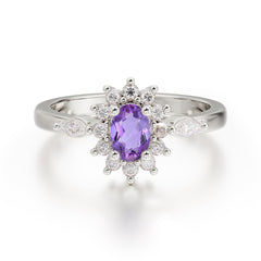 Vintage Halo Cluster Oval Cut Amethyst Engagement Ring