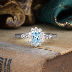 Vintage Halo Cluster Oval Cut Aquamarine Engagement Ring