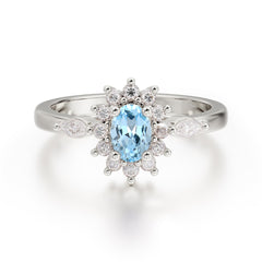 Vintage Halo Cluster Oval Cut Aquamarine Engagement Ring